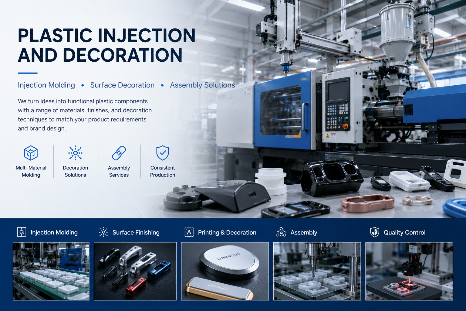 Plastic injection molding and decoration services including surface finishing, insert molding, assembly, and OEM production in Shenzhen